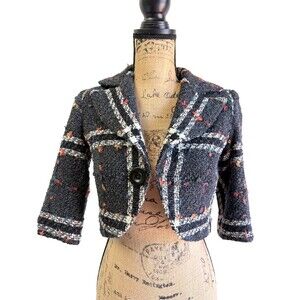 Louis Verdad Wool Blend Tweed Plaid Cropped Blazer Jacket Confetti Bouclé Sz XS